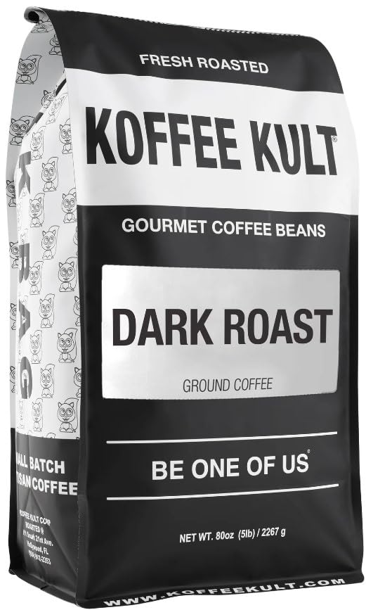 Koffee Kult Dark Roast Ground Coffee - Small Batch Gourmet Aromatic Artisan Blend 100% Organically Sourced Arabica Coffee (Ground 80oz)