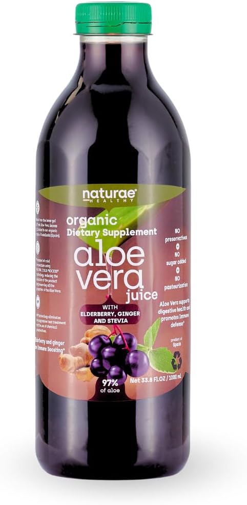naturae Healthy Aloe Vera Juice – Natural Digestive Health &amp Immune Support – with Elderberry Ginger &amp Stevia – Promotes Stomach Balance &amp Regularity – 33.8 fl oz