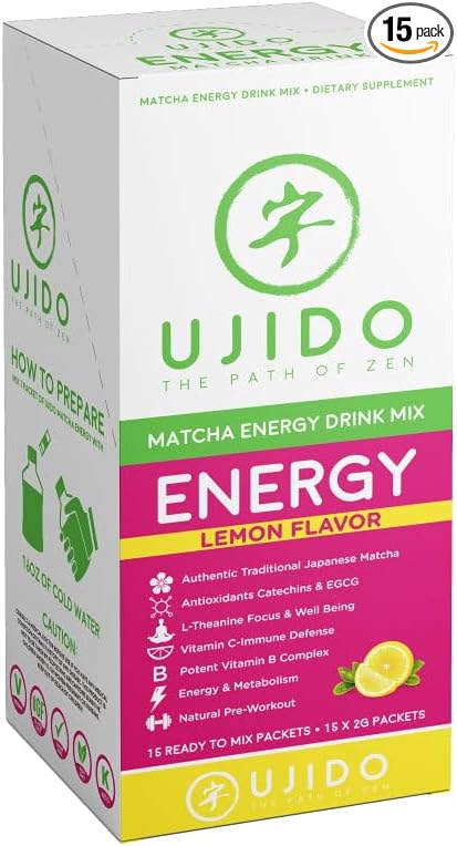 Ujido Matcha Energy Packets Lemon Flavor Sugar-Free Monkfruit Non-GMO Antioxidant Keto &amp Vegan 2g x 15 Count