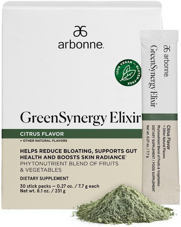 Arbonne GreenSynergy Elixir – Citrus-Flavored Greens Powder with 13 Digestive Enzymes Vegan Collagen Builder Probiotics and Prebiotics – Supports Gut Health and Digestion – 30 Stick Packs
