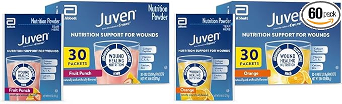Juven Therapeutic Nutrition Drink Mix Powder for Wound Healing Support Includes Collagen Protein Orange 30 Count &amp Fruit Punch 30 Count 60 Total Packets