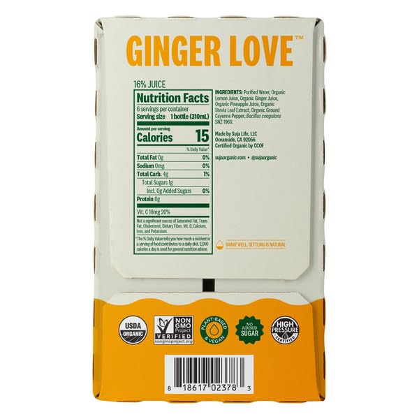 Organic Ginger Love Cold Pressed Lemon Ginger Apple Non-GMO Plant Based and Vegan No Added Sugar Keep Refrigerated USDA Organic 10.5 oz 6-count