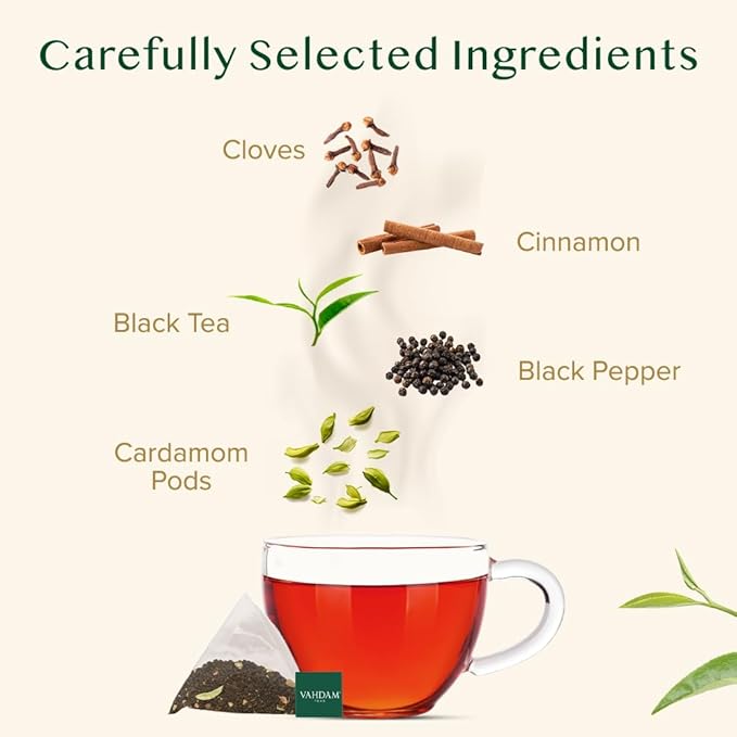 VAHDAM India's Original Masala Chai Tea Bags (100 Count) No Added Flavoring | Blended w/Exotic Spices | Whole Leaf Tea Bags | Resealable Ziplock Pouch