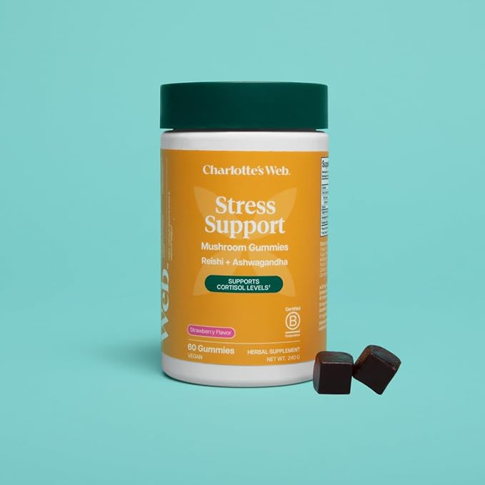 Charlotte's Web Stress Support Mushroom Gummies w/Reishi Ashwagandha Rhodiola Rosea Supplement — Natural Supplement — Strawberry-Flavored Ashwagandha Gummies (30 Servings)
