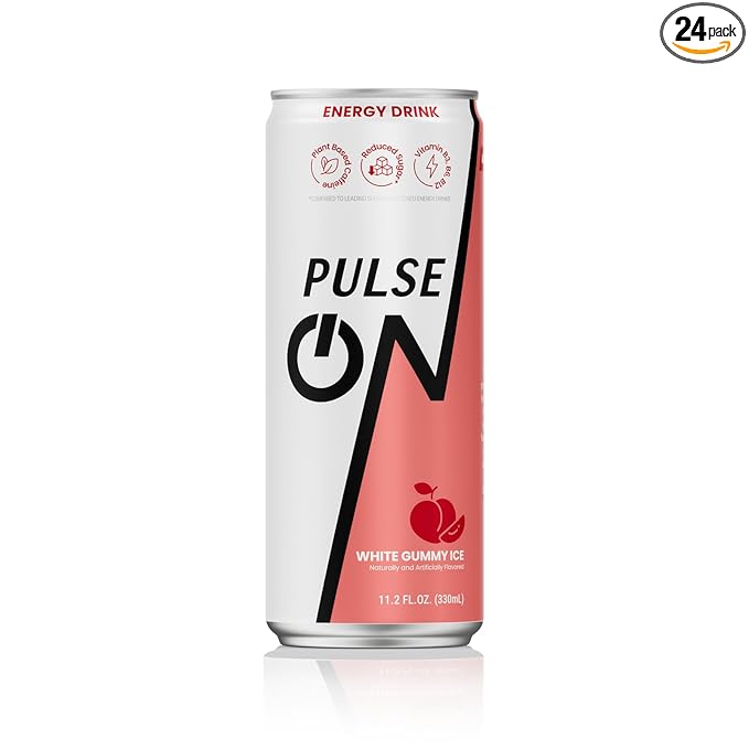 PulseOn Energy Drink- 200mg Natural Caffeine Taurine and Vitamin B|White Gummy Ice Reduced Sugar 11.2 fl oz((Pack of 24)