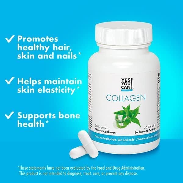 Yes You Can! Collagen Capsules for Women and Men Dietary Supplement to Promote Healthy Hair Skin and Nails 290 mg Bovine Collagen Vitamin A Vitamin D3 Zinc and Copper 30 Capsules - 2 Pack