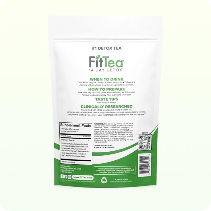 FitTea The Original 14 Day Detox Tea with Organic Green Tea ECGC Garcinia Cambogia and Ginger - Colon Detox Cleanse to Help Bloating and Support Metabolism