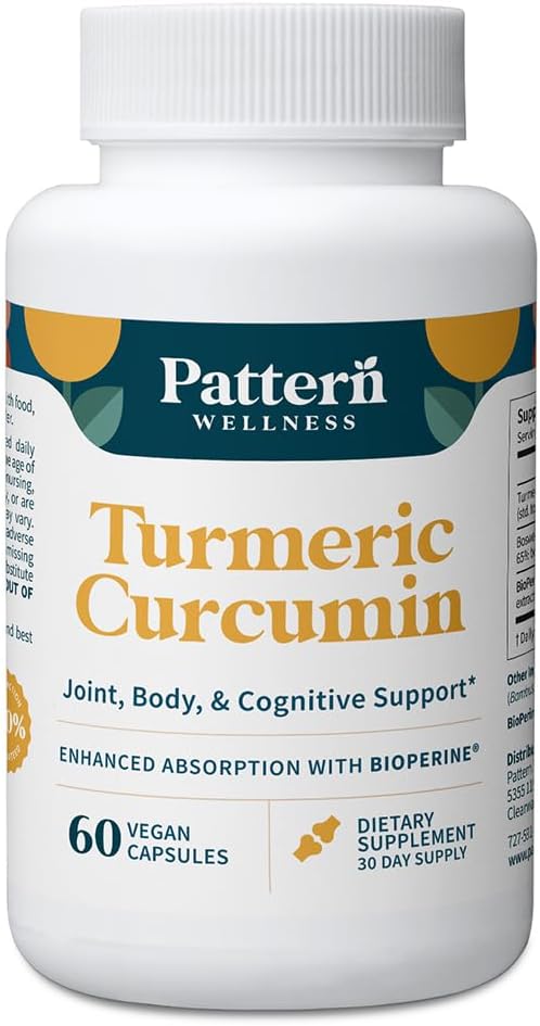 Pattern Wellness Turmeric Curcumin – 95% Curcuminoids with BioPerine® Black Pepper – Supports Joint Cognitive &amp Immune Health – Non-GMO Gluten Free – 60 Capsules