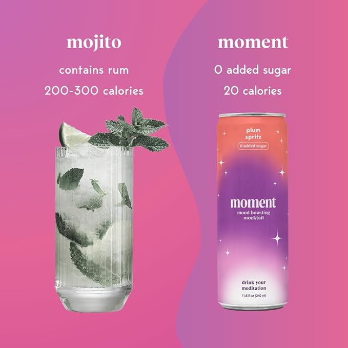 Moment Mocktails Non Alcoholic Drinks (Shark Tank) | SPARKLING Plum Spritz Adaptogen Drink | L-Theanine &amp Ashwagandha for Calm &amp Clarity | 0 Added Sugar 0 Caffeine | 24-pack