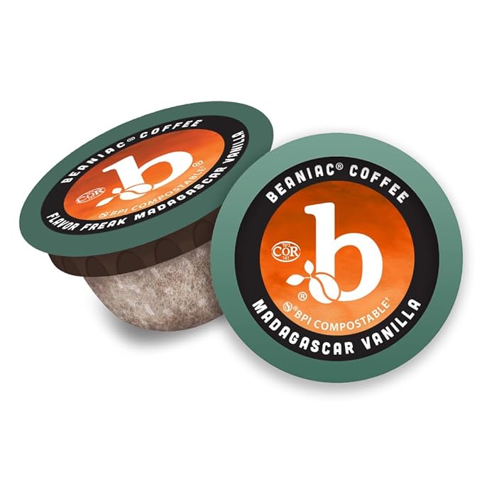 beaniac Flavor Freak Madagascar Vanilla Flavored Light Roast Single Serve Compostable K Cup Coffee Pods Arabica Coffee with Natural Flavors Keurig Brewer Compatible 30 Count