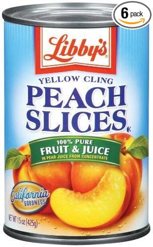 Libby's Yellow Cling Peach Slices in Pear Juices Concentrate (100% Pure) 15oz Cans (Pack of 6)