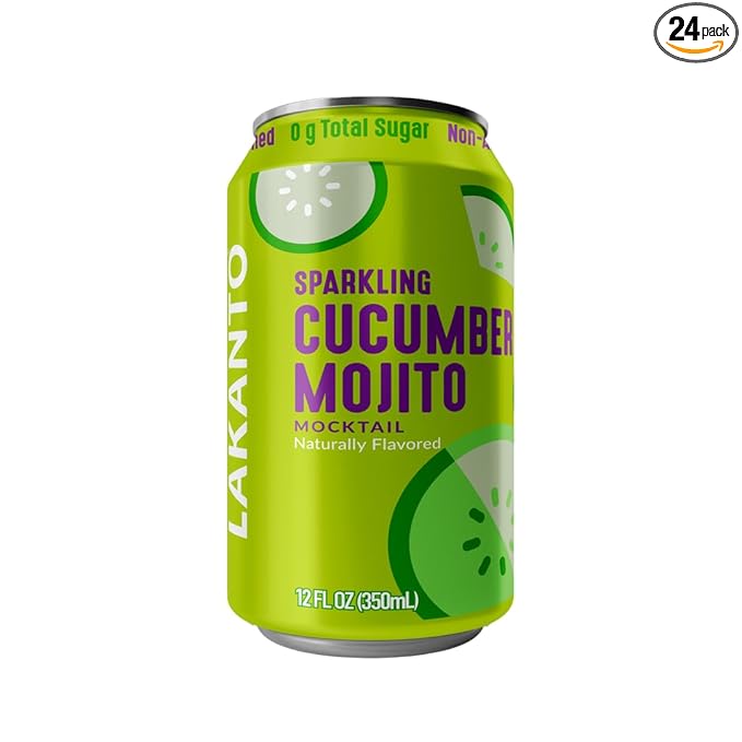 Lakanto Sparkling Cucumber Mojito Mocktail Non Alcoholic Drink - 0g Sugar Naturally Sweetened with Monk Fruit &amp Allulose Ready to Drink Better for You Soda Pop (24 Pack)
