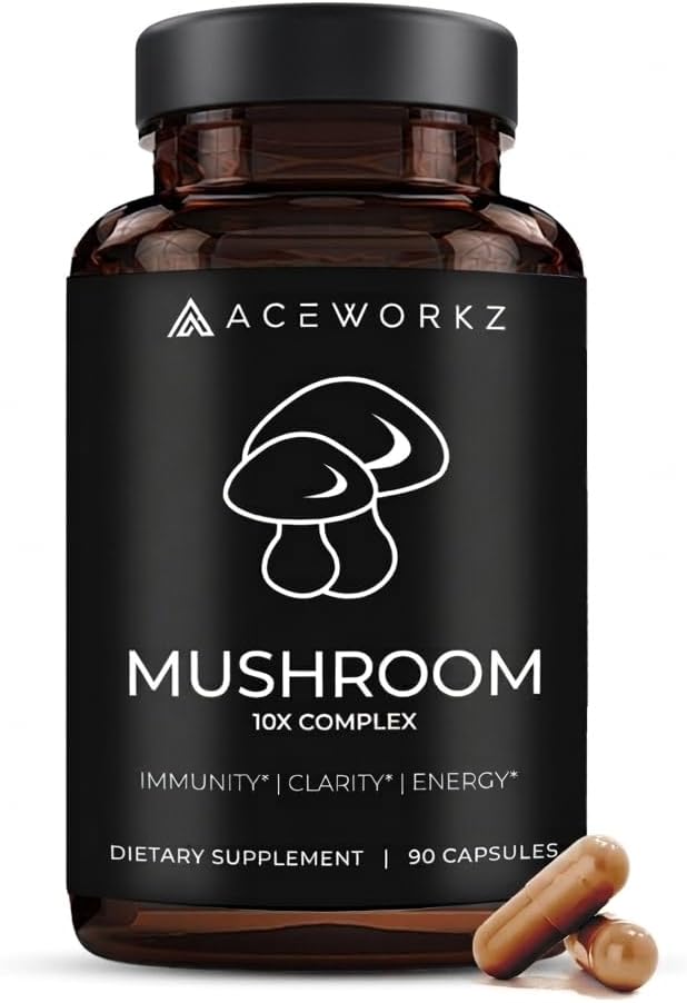 ACEWORKZ Mushroom Complex Supplement 14500mg - Organic 10 Mushroom Blend with Lion’s Mane and BioPerine Reishi &amp Cordyceps – Memory Focus &amp Immune Support for Enhanced Absorption (60 Capsul