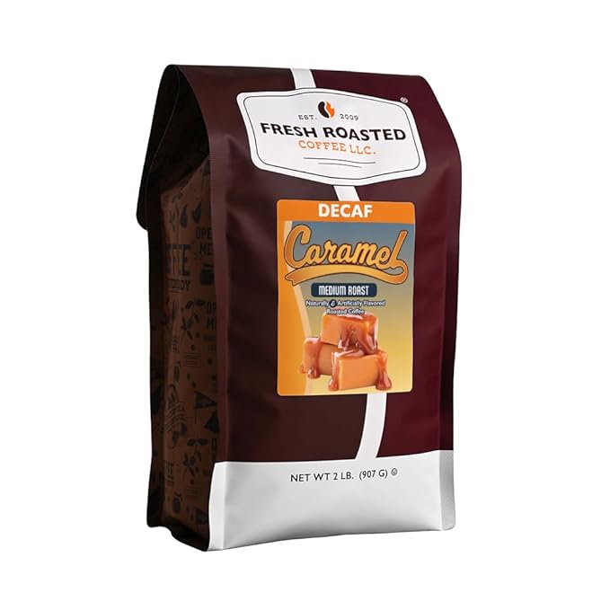 Fresh Roasted Coffee Decaf Caramel Flavored Coffee 2 lb (32 oz) Medium Roast Kosher Whole Bean
