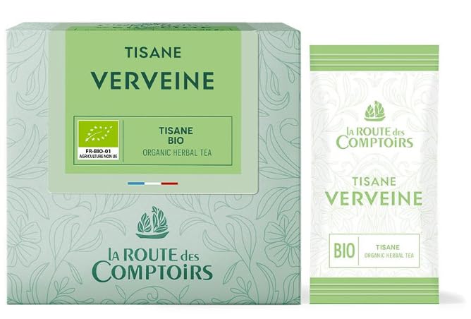 La Route des Comptoirs Organic Verbena (Verveine) Herbal Tea 40 individually wrapped Tea Sachets per box nylon-free tea sachets.