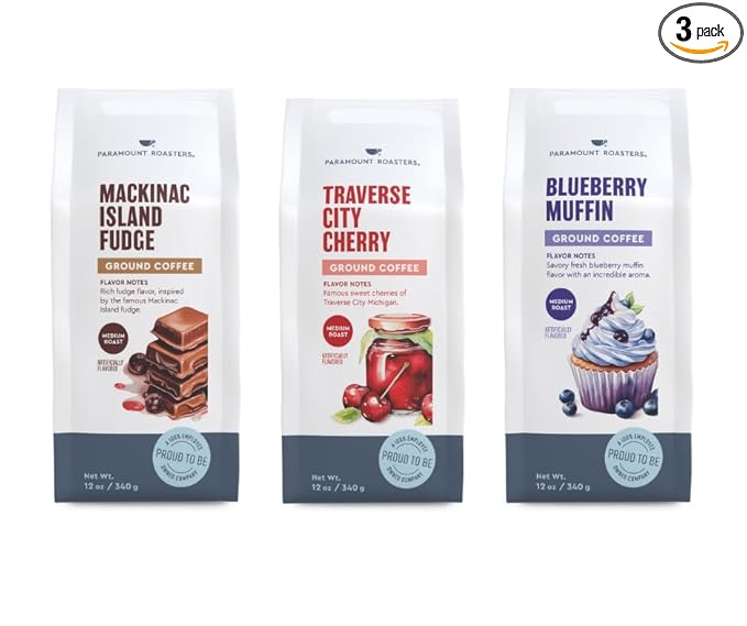Traverse City Cherry Mackinac Island Fudge and Blueberry Muffin Flavored Ground Coffee Bundle