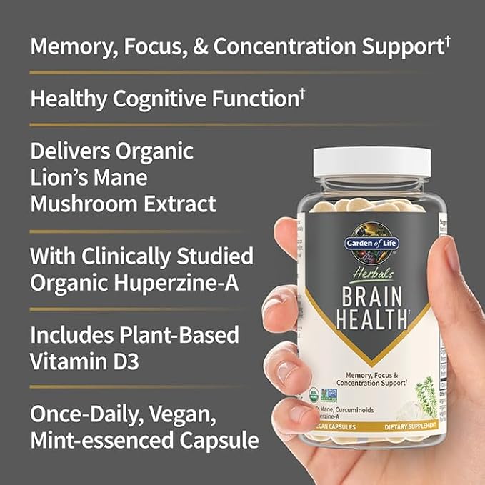 Garden of Life Brain Health Supplement with Organic Lion’s Mane &amp Turmeric Non-GMO Gluten-Free Mint Flavor - for Memory Focus &amp Healthy Brain Function