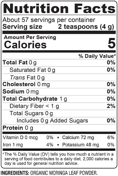 BareOrganics Moringa Leaf Superfood Powder Organic Vegan Supplement 8 Ounces