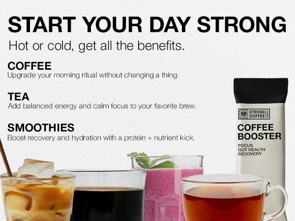 Strong Coffee Co. Coffee Booster | 10g Collagen Coffee Protein with Nootropics &amp Adaptogens NeuroFactor® Ashwagandha L-Theanine &amp Electrolytes for Focus &amp Balanced Energy | 15 Packets