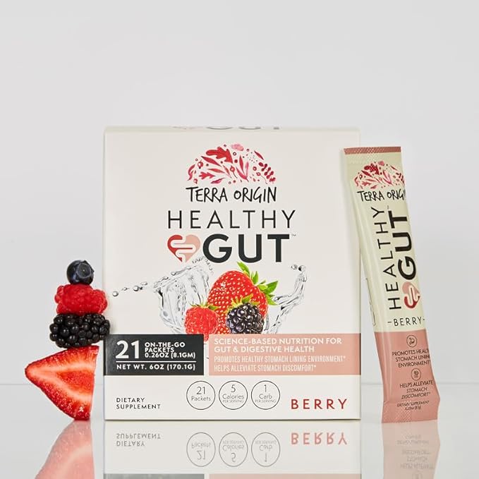 TERRA ORIGIN Healthy Gut Stick Packs L-Glutamine Slippery Elm Aloe Vera Licorice Root Extract Gut Health Digestive Support Leaky Gut Repair Immune Function On-The-Go 21 Ct Berry