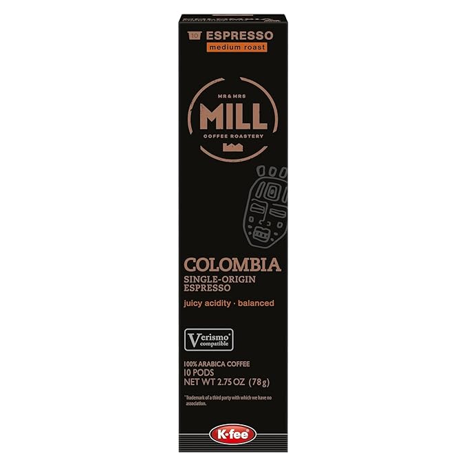 Mill Coffee Colombia Espresso K-fee® compatible with Starbucks Verismo* | 60 Count (6 boxes X 10 Pods) | Medium Roast Single Serve Espresso Pods (60)