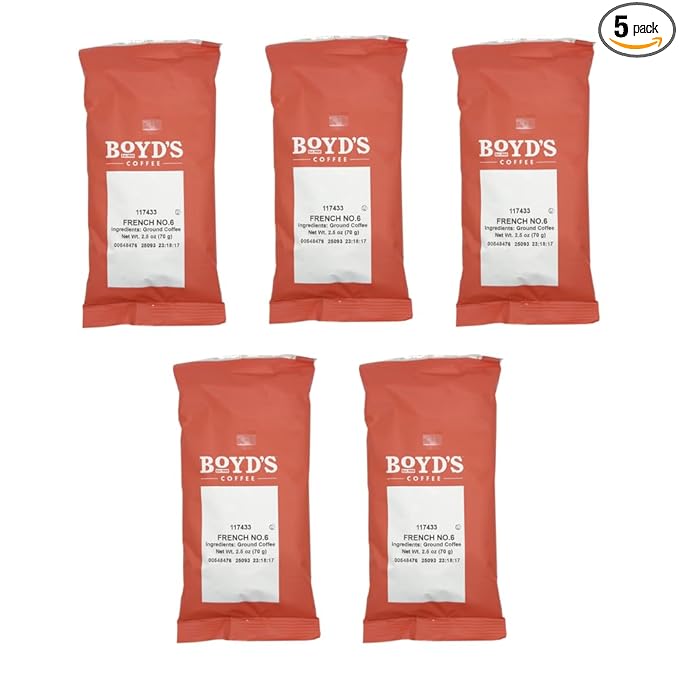 Boyd's French No. 6 Ground Coffee Dark Roast 5 Pack (2.5 oz Each) – 12.5 oz Total – Same Great Coffee Different Package – Bold &amp Smoky Flavor