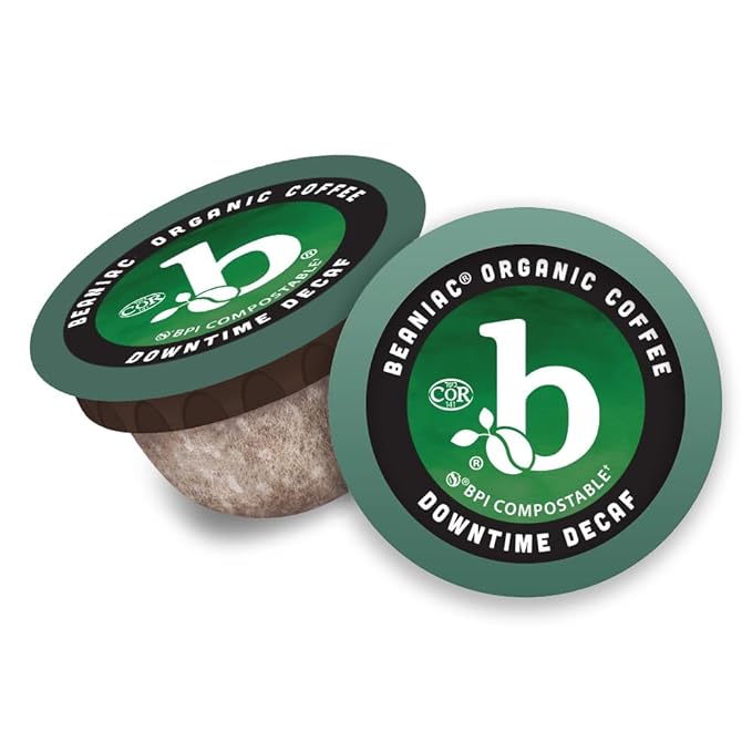 beaniac Organic Downtime Decaf Swiss Water Decaffeinated Medium Roast Single Serve Compostable K Cup Coffee Pods Organic Arabica Coffee Keurig Brewer Compatible 30 Count