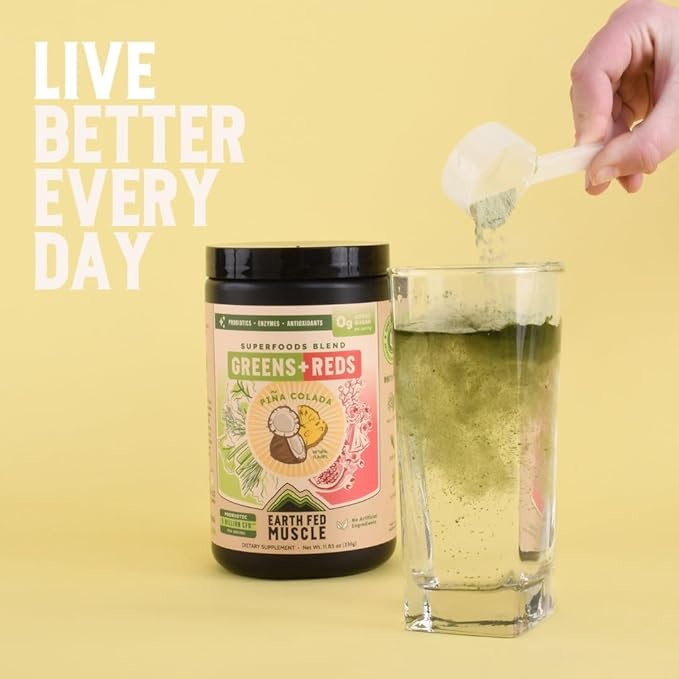 Earth Fed Muscle Superfoods Blend Reds &amp Greens Powder Piña Colada Flavor Juice &amp Smoothie Mix with Organic Kale Spirulina Wheat Grass - Detox &amp Cleanse No Added Sugar - Non-GMO - 30