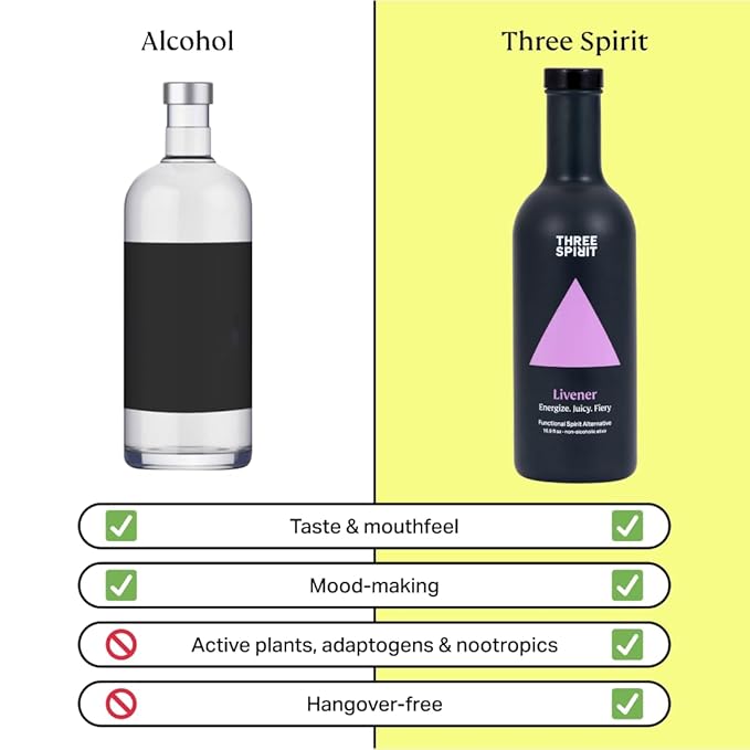 Three Spirit Non-Alcoholic Alternative Spirit- The Livener 50cl | Energizing with Natural Caffeine ADAPTOGENS &amp Watermelon &amp Ginger | Multi-Award Winning Active botanical Gluten Free &amp