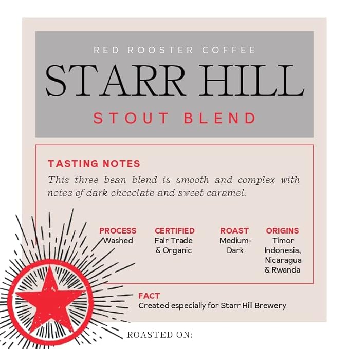 Red Rooster Coffee Organic Starr Hill Stout Coffee – Medium-Dark Roast Whole Bean – Notes of Dark Chocolate Praline &amp Citrus – 2LB – USDA Organic Fair Trade