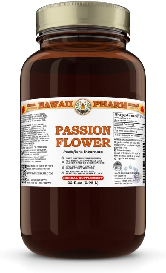 Hawaii Pharm Passion Flower Extract Tincture for Calm and Sleep Support Soothes Digestive Discomfort Promotes Relaxation Encourages Emotional Balance - 32 fl.oz