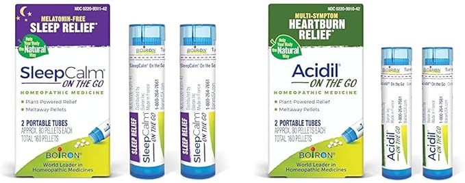 Boiron SleepCalm On The Go Sleep Aid 80 Count (Pack of 2) and Acidil On The Go Heartburn Relief 2 Count (160 Pellets)