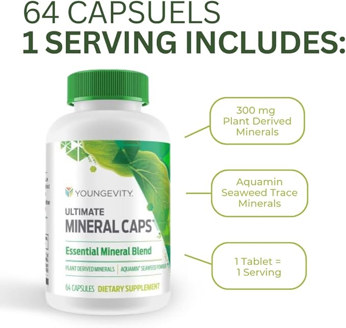 Youngevity Ultimate Mineral Caps™ - 70+ Essential Full Spectrum Trace Minerals - Nutrient-Dense Derived from Humic &amp Aquamin Seaweed (64 Capsule)