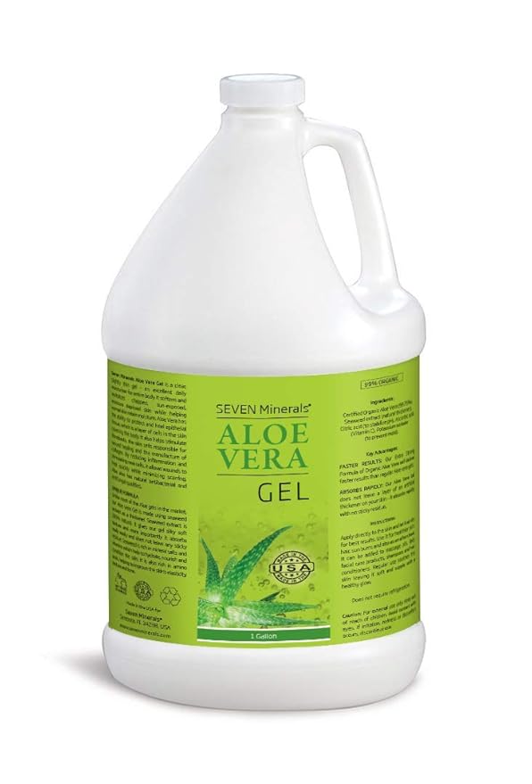 Seven Minerals Organic Aloe Vera Gel from freshly cut 100% Pure Aloe - 1 Gallon - HighestQuality Texas grown Vegan Unscented - For Face Skin Hair Sunburn Relief - Bulk DIY (128 Fl Oz)