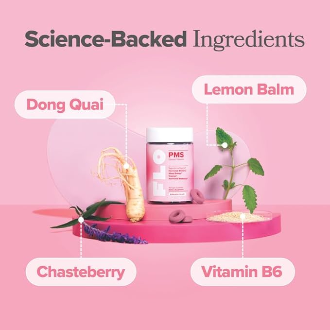 O Positiv FLO PMS Gummies for Women - Proactive PMS Relief - Targets Hormonal Breakouts Bloating Cramps &amp Mood Swings with Chasteberry Vitamin B6 &amp Lemon Balm - PMS Gummies (Pack of 1)