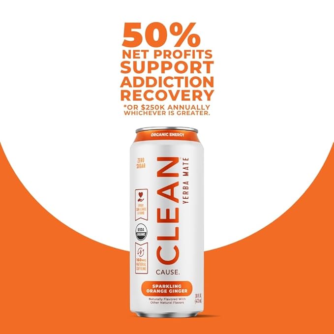 CLEAN Cause Zero Calorie Zero Sugar Orange Ginger &amp Cherry Lime Yerba Mate Organic Energy Drink Alternative (16oz cans 2-12-Pack Case) Keto Friendly 160mg Caffeine