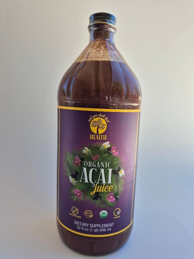 Organic Only ACAI 100% Pure Juice 32oz (1qt) Vitamin Antioxidant &amp Omega Rich Liquid Fruit Puree 30g of Whole Superfruit Per Serving Gluten-Free Vegan Non GMO in GLASS Bottle AYSFH