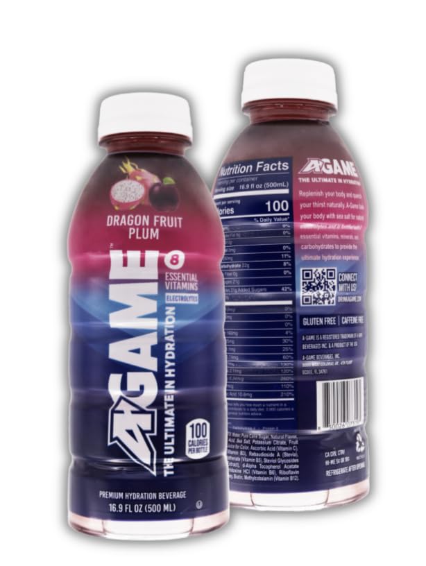 A-GAME Sports Drink Dragon Fruit Plum The Ultimate Hydration Sports Beverage for Athletes 8 Essential Vitamins including B C &amp E plus Natural Sea Salt Electrolytes All Natural Flavors &amp