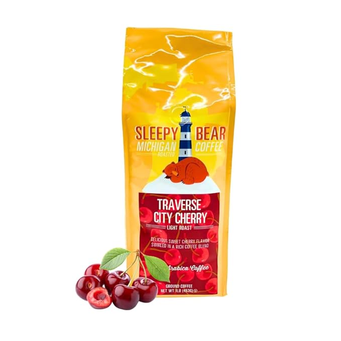 Sleepy Bear Traverse City Cherry Ground Coffee – Medium Roast Arabica with Bold Cherry Flavor Michigan-Made Smooth &amp Fruity Blend No Sugar Added 16oz Recloseable Bag (1 Pack)
