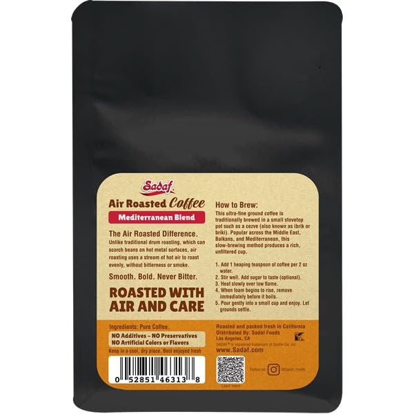 Sadaf Air Roasted Coffee Mediterranean Blend – Ground Mediterranean Coffee - 100% Arabica Ultra Fine Grind – Smooth &amp Bold Flavor – 12 oz Resealable Bag