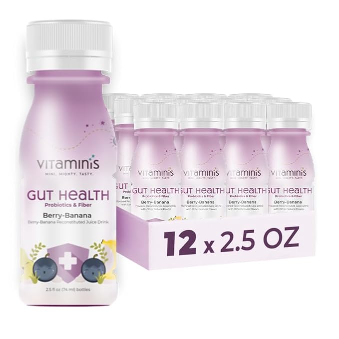 Vitaminis - Gut Health Shot - Berry Banana Juice with Probiotics and Fiber for Digestive Health. Dairy Free No Added Sugar Shelf Stable &amp Gentle for Kids Women &amp Men (2.5 Fl. Oz Pack of