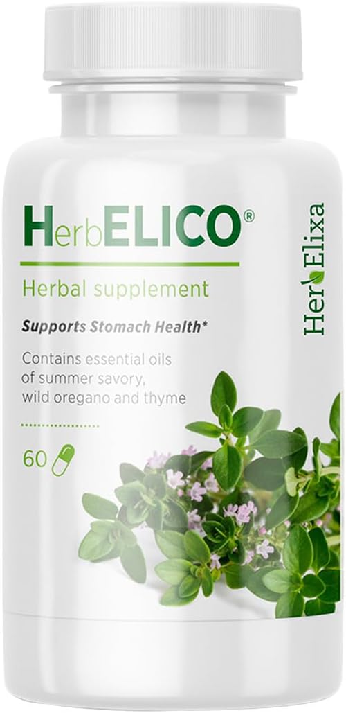 HerbELICO® - Wild Oregano Thyme &amp Summer Savory Essential Oils Mediterranean Blend 60 Capsules Herbal Supplement addresses H. Pylori Acid Reflux Heartburn Non-GMO &amp Gluten Free