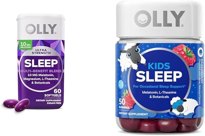OLLY Sleep Bundle with Ultra Strength Softgels 10mg Melatonin and Kids Gummies 0.5mg Melatonin Occasional Sleep Support