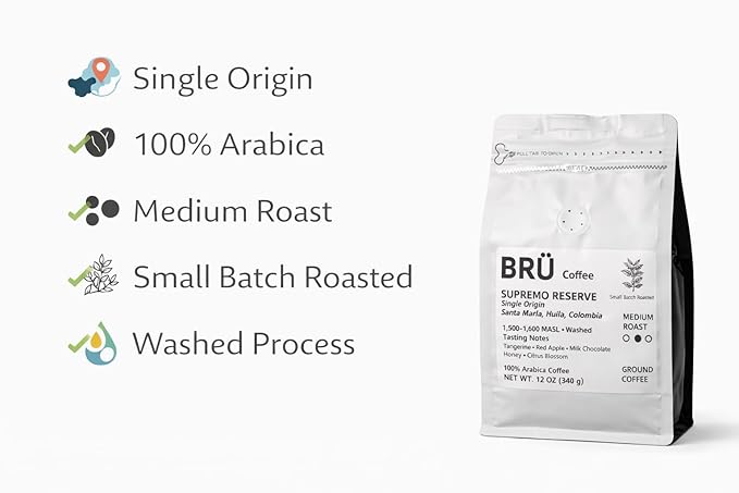 BRÜ Coffee Colombian Ground Coffee - Medium Roast - Single Origin – Huila High Elevation – 100% Arabica – Washed