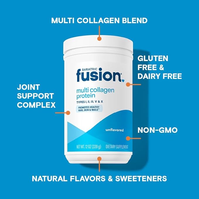 Bariatric Fusion Unflavored Multi Collagen Protein Powder | Hydrolyzed Collagen Peptides Powder Plus Joint Support Complex of MSM and Glucosamine | Type 2 | Dairy Gluten &amp Soy Free | 30 Servings
