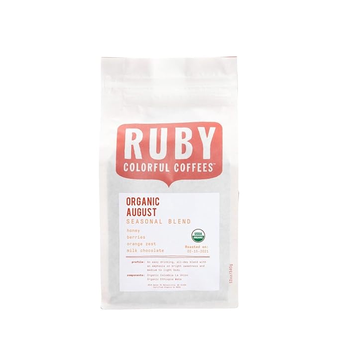 Organic August Blend - Roasted by Ruby Coffee Roasters - Freshly Ground Coffee - 12 Ounce Bag