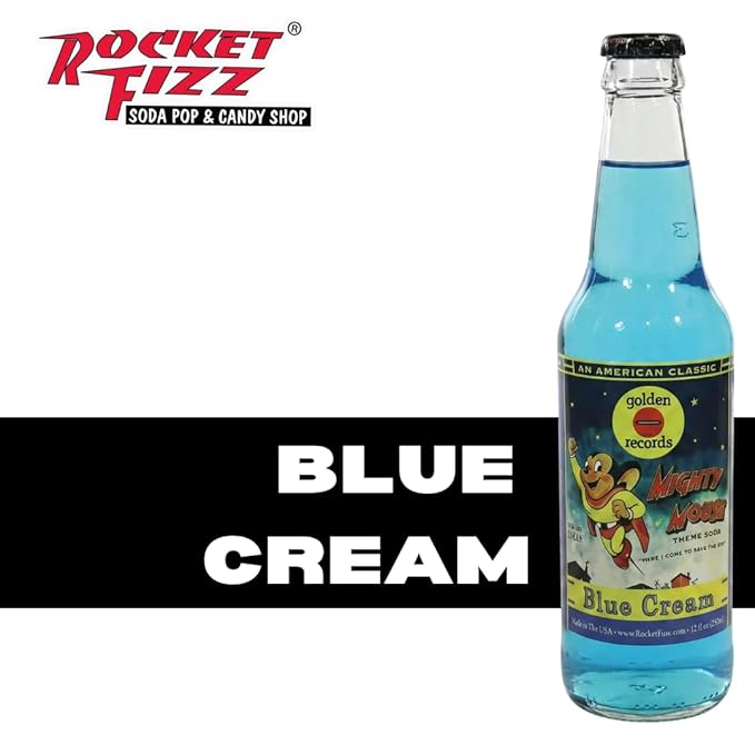 Rocket Fizz Mighty Mouse Blue Cream Soda Flavor | Cane Sugar | Craft Soda Pop Drinks | 12 oz in Glass Bottle (6 Pack)