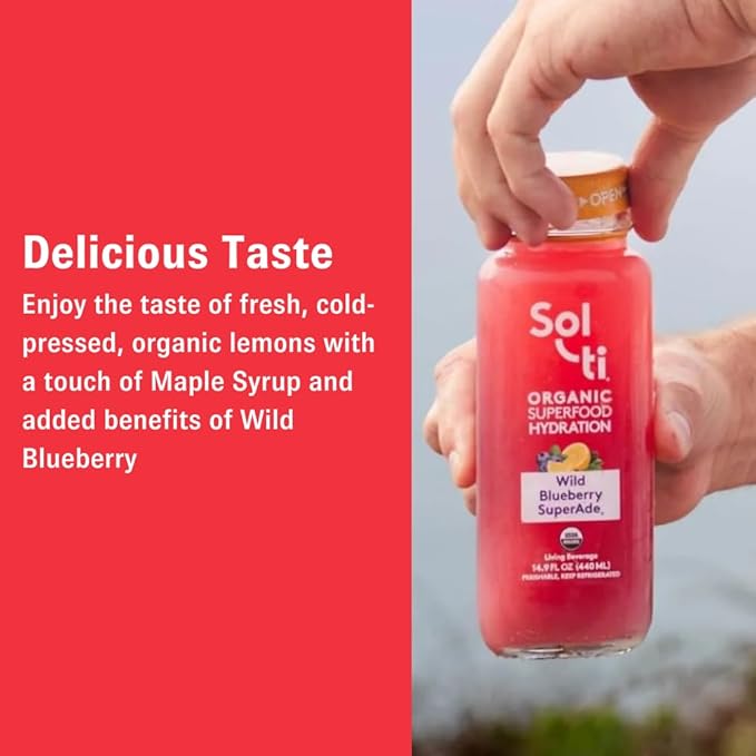 Organic SuperAde Hydration Drink with Powerful Anti-Oxidants SuperFood Lemonade by Sol-ti Cold-Pressed Wild Blueberry and Lemon Juice Blend 16 Pack (14.9 Fl oz)