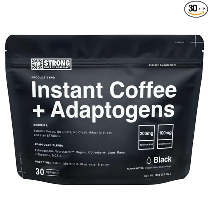 Strong Coffee Co. Instant Black Coffee | Premium Organic Coffee with Nootropics &amp Adaptogens NeuroFactor® L-Theanine Ashwagandha Reishi &amp MCT Oil | No Jitters No Crash (1 30 Servings)