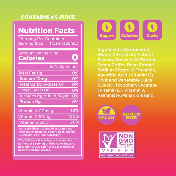 FEEL Zero Sugar Natural Energy Drink Variety Pack – Blackberry Pomegranate Mango Passionfruit &amp Raspberry Lemonade 140mg Plant-Based Caffeine with L-Theanine for Focus Vitamin C for Immunity V